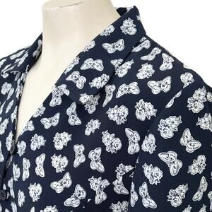 VTG LESLIE FAY Floral Butterfly Print Button Front Shirt in Navy & White  SZ 10